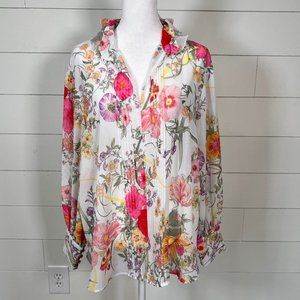 Gibson Latimer Sheer Pink and Yellow Floral Pleated Blouse Size M